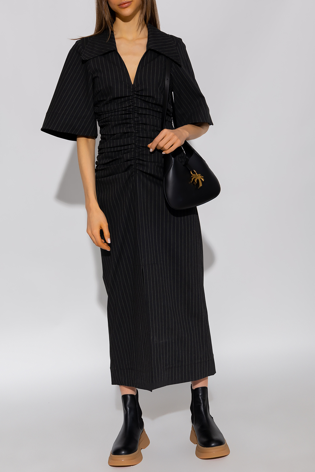 Organic cotton dress Ganni - Wool Rich Striped Cowl Neck